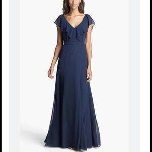 JENNY YOO Cecilia navy ruffle v neck maxi bridesmaid dress